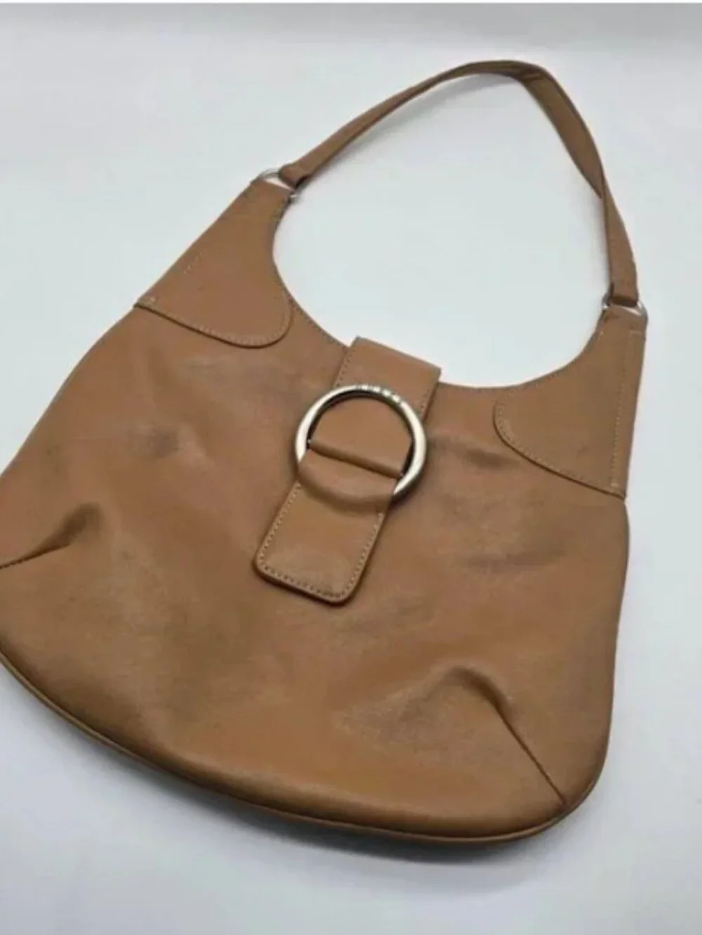 Vintage GUESS Y2K Hobo Shoulder Bag Camel Silver Ring Hardware
